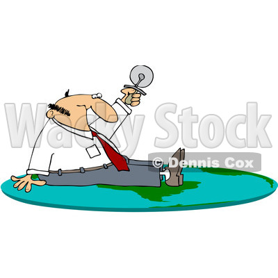 Royalty-Free (RF) Clipart Illustration of a Businessman Sitting On On A Flat Globe And Holding Up A Pizza Cutter © djart #101281