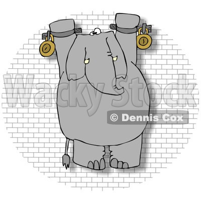 Royalty-Free (RF) Clip Art Illustration of a Chained Hanging Elephant On A Brick Wall © djart #1050683