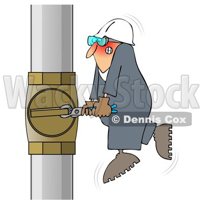 Royalty-Free (RF) Clip Art Illustration of a Worker Trying To Adjust A Pipe With A Small Wrench © djart #1050693