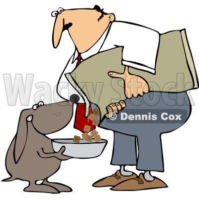 Royalty-Free Vector Clip Art Illustration of a Dog Holding A Bowl While His Master Pours Food Into It © djart #1052991