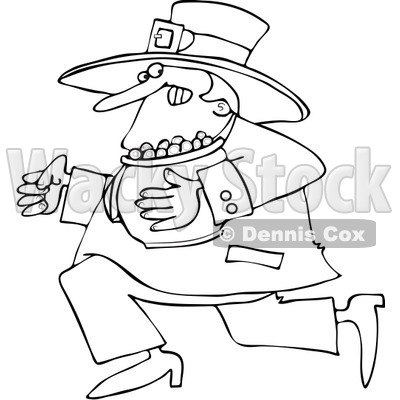 Royalty-Free Vector Clip Art Illustration of a Black And White Outline Of A Leprechaun Running With Gold © djart #1053631