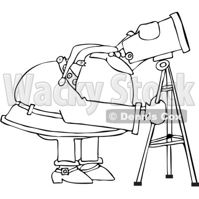 Royalty-Free Vector Clip Art Illustration of a Black And White Santa Using A Telescope Outline © djart #1054276