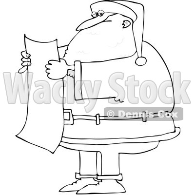 Royalty-Free Vector Clip Art Illustration of a Black And White Santa Reading A List Outline © djart #1054278