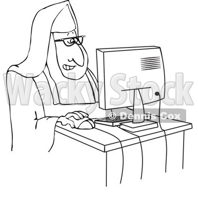 Royalty-Free Vector Clip Art Illustration of a Black And White Nun Using A Computer Outline © djart #1054304