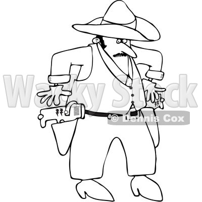 Royalty-Free Vector Clip Art Illustration of a Black And White Cowboy Drawing Tasers Outline © djart #1054307