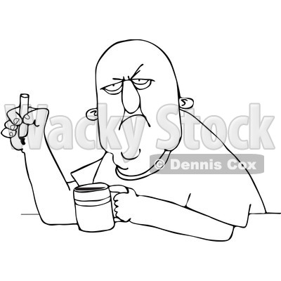 Royalty-Free Vector Clip Art Illustration of a Black And White Grumpy Smoker With Coffee Outline © djart #1054335