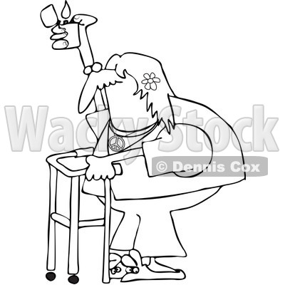 Royalty-Free Vector Clip Art Illustration of a Black And White Hippie Using A Walker Outline © djart #1054341