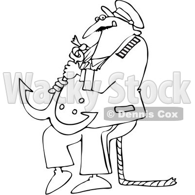 Royalty-Free Vector Clip Art Illustration of a Black And White Captain With Anchor Outline © djart #1054363