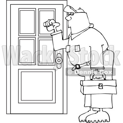 Royalty-Free Vector Clip Art Illustration of a Coloring Page Outline Of A Worker Man Knocking On A Door © djart #1055598