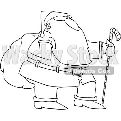 Royalty-Free Vector Clip Art Illustration of a Coloring Page Outline Of Santa Trekking With A Candy Cane Stick And Carrying A Sack On His Shoulder © djart #1055608