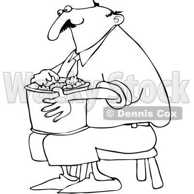 Royalty-Free Vector Clip Art Illustration of a Coloring Page Outline Of A Man Sitting On A Stool And Eating Popcorn © djart #1055660