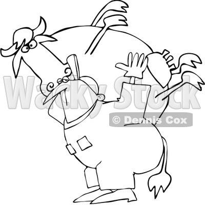 Royalty-Free Vector Clip Art Illustration of a Coloring Page Outline Of A Farmer Carrying A Heavy Cow © djart #1057890