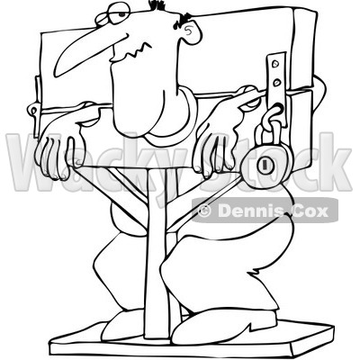 Royalty-Free Vector Clip Art Illustration of a Coloring Page Outline Of A Man Locked In Stocks © djart #1059511