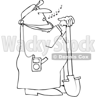 Royalty-Free Vector Clip Art Illustration of a Coloring Page Outline Of A Worker Leaning On A Shovel And Listening To Mp3 Music © djart #1061049