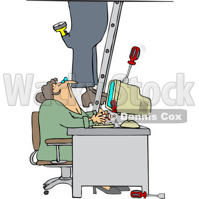 Royalty-Free Vector Clip Art Illustration of a Worker Climbing A Ladder And Dropping Tools Near A Secretary In An Office © djart #1061051