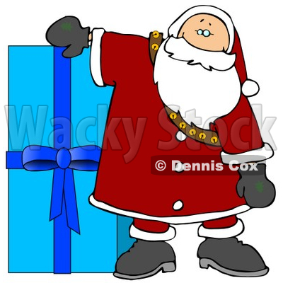 Santa Resting His Arm on a Giant Blue Christmas Present Clipart Illustration © djart #10696