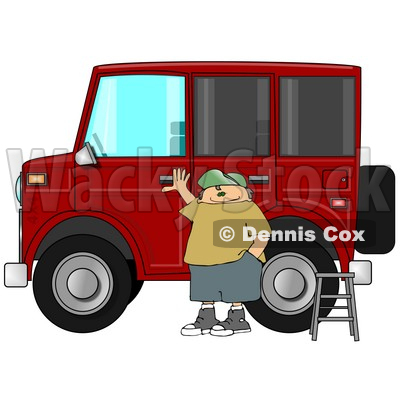 Man Standing a Ladder by His Lifted Hummer Car Clipart Illustration