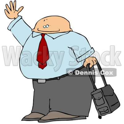 Traveling Businessman With Rolling Luggage, Waving Goodbye or Hailing a Taxi 