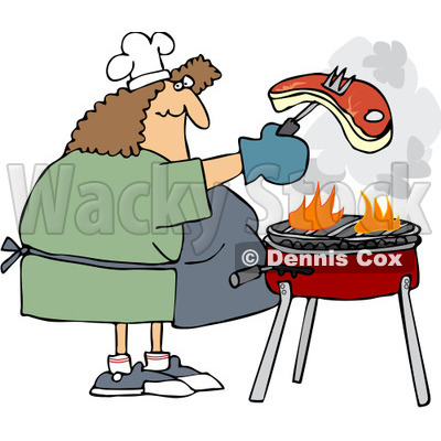 Clipart Outlined Woman Grilling Steak On A BBQ - Royalty 