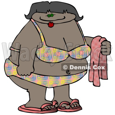 Overweight Woman in a Bikini and Sandals, Holding a Towel on a Beach Clipart 