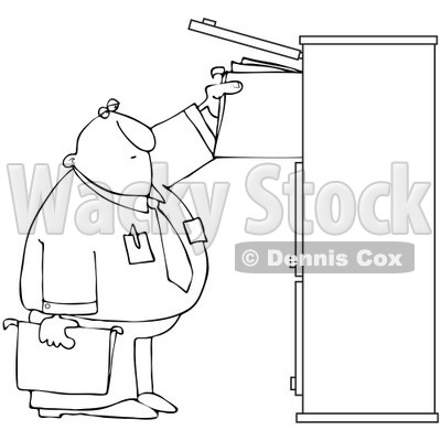 Clipart Outlined Businessman Reaching For Files In A Tall Cabinet - Royalty Free Vector Illustration © djart #1090022