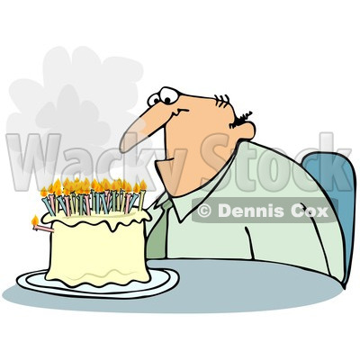 Clipart Depressed Middle Aged Man Sitting In Front Of A Birthday Cake With Smoking Candles - Royalty Free Illustration © djart #1093120