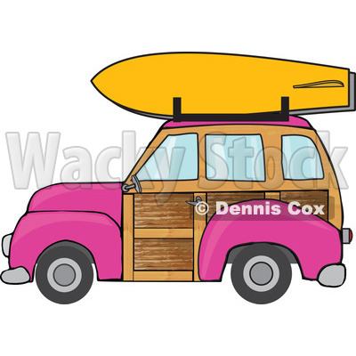 Clipart Pink Woodie Station Wagon With A Surfboard On Top - Royalty Free Vector Illustration © djart #1095771