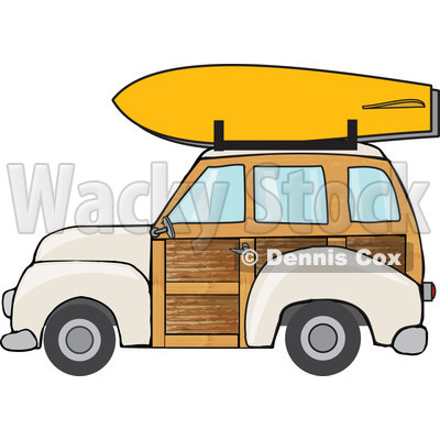 Clipart Beige Woodie Station Wagon With A Surfboard On Top - Royalty Free Vector Illustration © djart #1095773