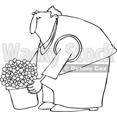 Clipart Outlined Chubby Man Leaning Over And Lifting A Potted Plant - Royalty Free Vector Illustration © djart #1105046