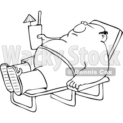 Clipart Outlined Chubby Man Sun Bathing And Holding A Beverage - Royalty Free Vector Illustration © djart #1108869