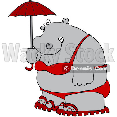 Clipart Fat Hippo Holding A Parasol And Wearing A Red Bikini And Sandals - Royalty Free Vector Illustration © djart #1109994