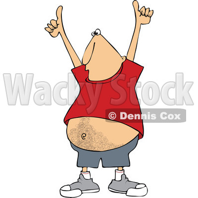 Clipart Cartoon Man Holding Two Thumbs Up High And Showing His Hairy Belly  - Royalty Free Vector