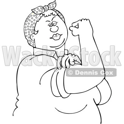 Clipart Outlined Chubby Rosie The Riveter Flexing Her Strong Muscles - Royalty Free Vector Illustration © djart #1110900