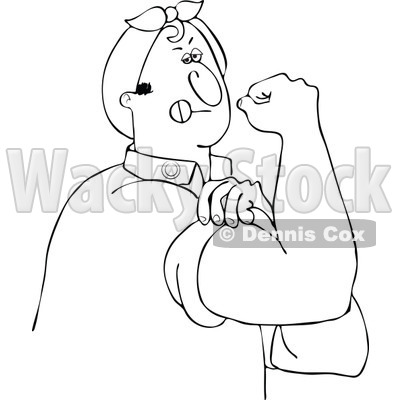 Clipart Outlined Chubby Rosie The Riveter Man Flexing His Muscles - Royalty Free Vector Illustration © djart #1110926