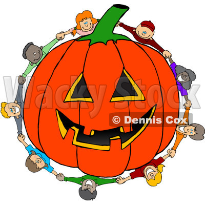 Clipart Diverse Kids Holding Hands Around A Carved Jackolantern Halloween Pumpkin - Royalty Free Vector Illustration © djart #1112778