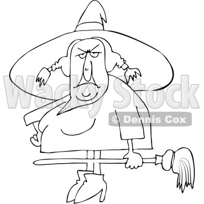 Clipart Outlined Ugly Witch Holding A Broom - Royalty Free Vector Illustration © djart #1114214