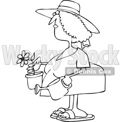 Clipart Outlined Woman Holding A Potted Flower And Watering Can - Royalty Free Vector Illustration © djart #1114215