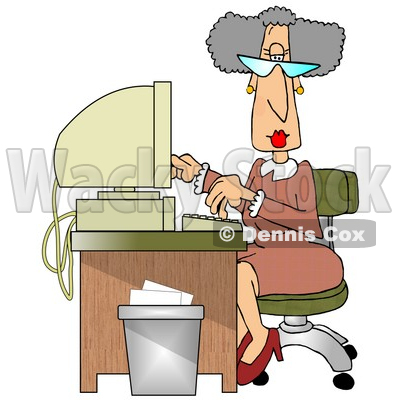 Gray Haired Secretary Woman Working at a Computer Desk in an Office Clipart 