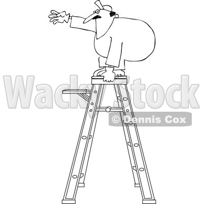 Cartoon Of An Outlined Worker Standing Unsteady On A Ladder - Royalty Free Vector Clipart © djart #1121975