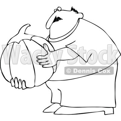 Cartoon Of An Outlined Chubby Man Holding A Large Halloween Pumpkin - Royalty Free Vector Clipart © djart #1125277