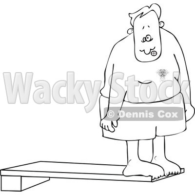 Cartoon Of An Outlined Nervous Man On A High Dive Board - Royalty Free Vector Clipart © djart #1125278