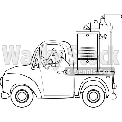 Cartoon Of An Outlined Worker Driving A Truck With A Furnace In The Bed - Royalty Free Vector Clipart © djart #1127092