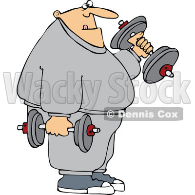 Cartoon Of A Chubby Bald Man Lifting Weights - Royalty Free Vector Clipart © djart #1127101