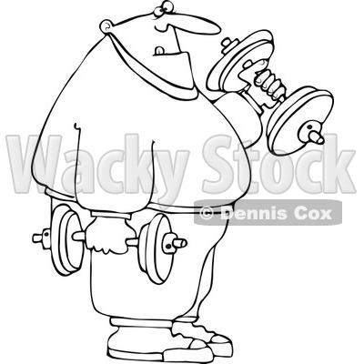 Cartoon Of An Outlined Chubby Bald Man Lifting Weights - Royalty Free Vector Clipart © djart #1127102