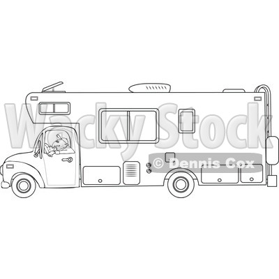 Cartoon Of An Outlined Man Driving A Motor Home RV - Royalty Free Vector Clipart © djart #1127731