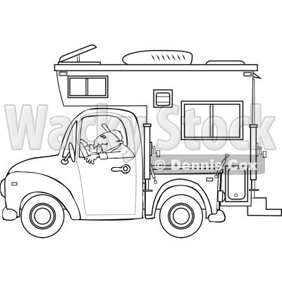 Cartoon Of An Outlined Man Driving A Pickup With A Camper - Royalty Free Vector Clipart © djart #1127733