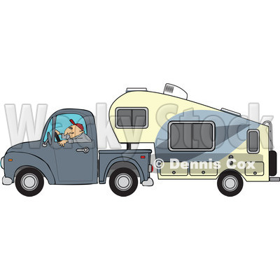 Cartoon Of A Man Driving A Pickup With A 5th Wheel Camper - Royalty Free Vector Clipart © djart #1127739