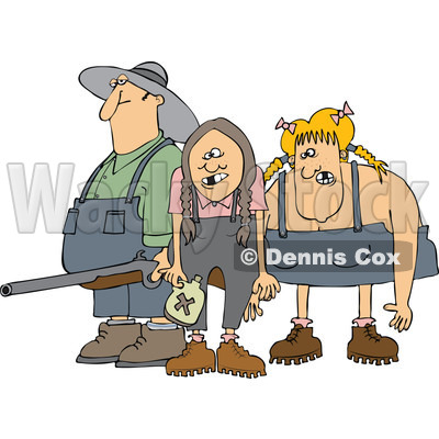 Cartoon Of A Redneck Hillbilly Man With A Shotgun And Women - Royalty Free Vector Clipart © djart #1128706