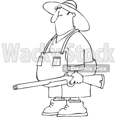 Cartoon Of An Outlined Redneck Hillbilly Man Carrying A Rifle - Royalty Free Vector Clipart © djart #1129165