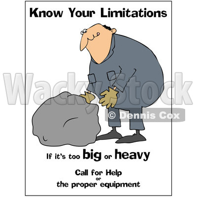 Cartoon Of A Worker Trying To Lift A Heavy Rock With Safety Text| Royalty Free Clipart © djart #1134446